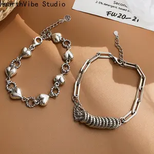 Silver Bracelets for Women Men String Accessories Trend Vintage Simple Heart Pendant Party Jewelry Gift
