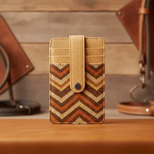 Women's Bifold Wallet with Keychain, Stylish Upcycled Canvas Card Holder in a Brown Chevron Design with Leather Trim and Snap Closure, Stylish Wallet