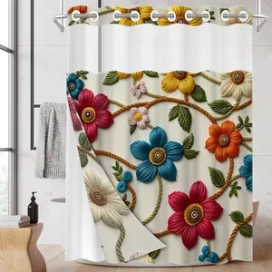 1PC/4PCS 2D Flat Printing Colorful Flower Vine Weaving Patterned shower curtain, home bathroom decor, shower curtain set with 12 hooks, non-slip bathroom rug, U-shaped toilet seat cover, toilet seat mat.