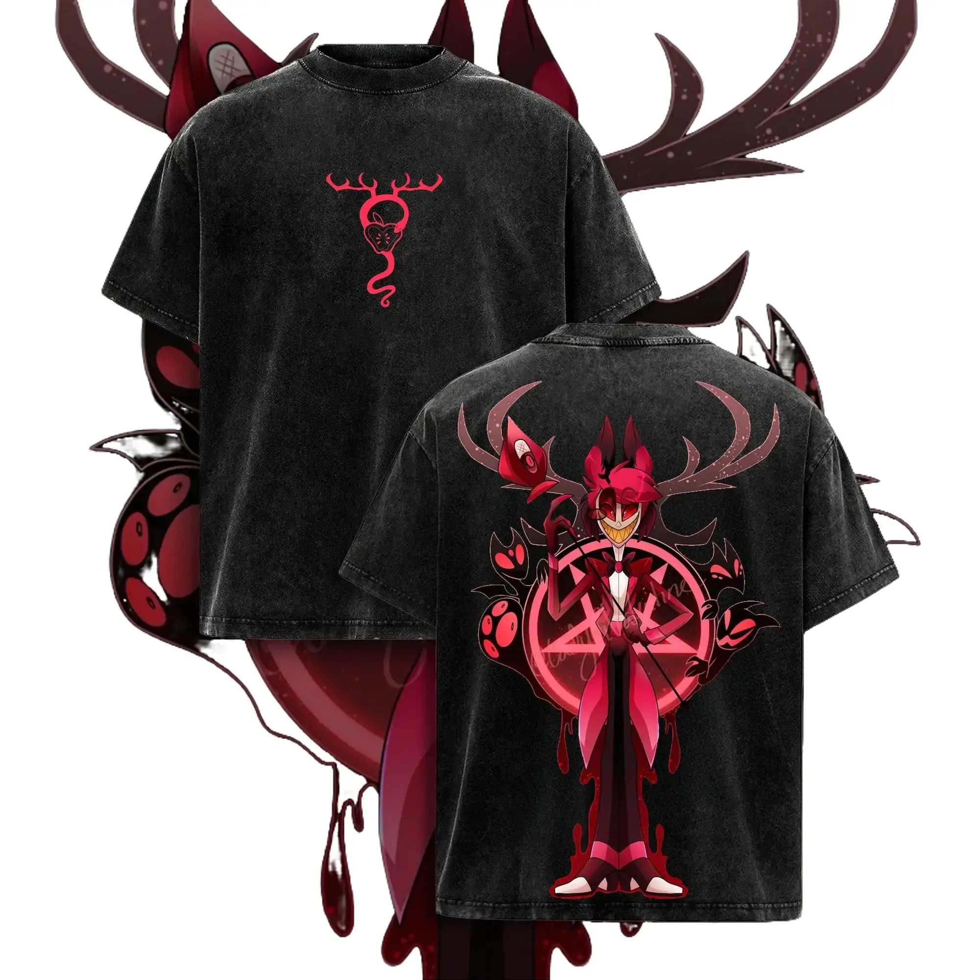 Vintage Washed Oversized Anime T-Shirt Y2K Graphic Tee Hazbin Hotel Radio Demon Alastor Helluva Boss Streetwear Casual Unisex Cotton Top Pop Culture Merch Edgy Goth Alt Aesthetic Summer Fashion Grunge Clothing Gifts for Fans Halloween Cartoon Apparel