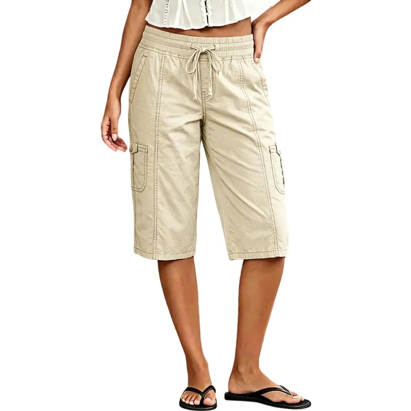 Flamingals Drawstring Stitch Detail Mid Waist Straight Leg Capri Pants Womenswear Stretchy 16.1" Inseam