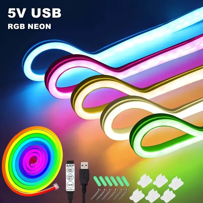 Dynamic RGB DIY Neon Sign & Flexible LED Light Strip - USB Powered, Remote Control, Malleable for Parties, Vibrant Colors, Home Decor, TV Backlight, Cabinet Lighting, Bedroom Ambiance, Stage Lighting with Expansion Tubes & Connectors