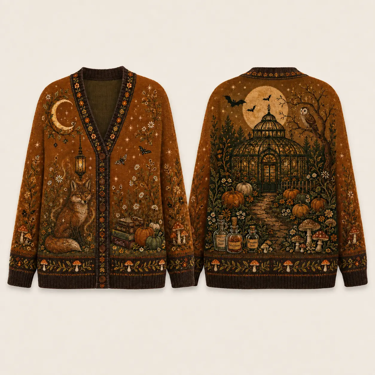 Witchy Fox Halloween Cardigan, Pumpkin Mushroom Knit Cardigan, Vintage Autumn Cardigan, Cottagecore Fall Button Up Womenswear Knitwear