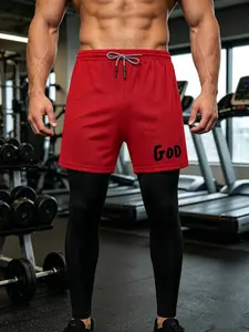 Men's 2 in 1 Running Pants Double Layer Sport Leggings with GOD Font Print Quick Dry Athletic Workout Trousers for Gym Training Joggers with Pockets