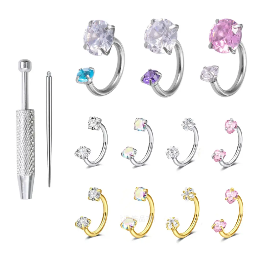 18G Horseshoe Nose Rings for Women, 6-8mm Horseshoe Piercing Jewelry Set Gold & Silver, Double Gem Horse Shoe Nose Rings Hoops Surgical Steel Cartilage Helix Tragus Earring Labret Lip With Tool