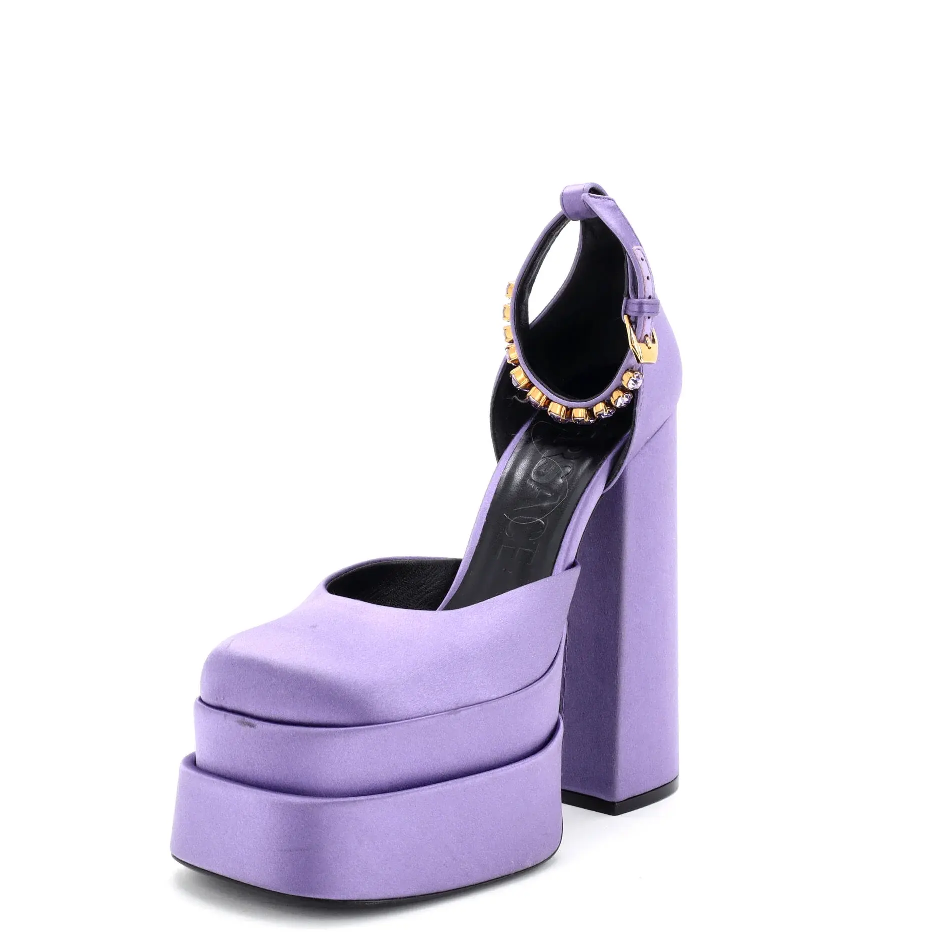 Pre-owned Versace Women's Medusa Aevitas Platform Sandals Crystal Embellished Satin by Rebag
