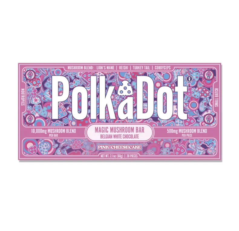 Polkadot Belgian Chocolate, Pink Cheesecake, 20 Count, High Potency Plant-based Mushroom Snack, 100% Organic, High-Quality Ingredients, Made in USA, All Natural, Healthy Chocolate, 20 Piece Chocolate Bar