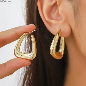 Women's Chunky Gold Geometric Earrings - Lightweight Gold-Plated Bold Irregular Angular U-Shaped Thick Hoops, Statement Jewelry for Daily, Party Use (Sports & Outdoor Camping Hiking Hammock Accessory)
