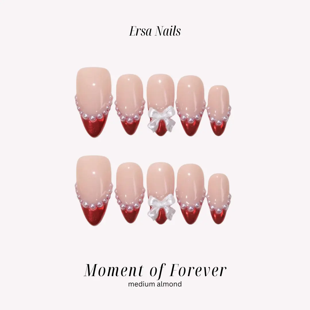 ErsaNails MOMENT OF FOREVER - Medium Almond 10 PCS Handmade Press On Nails | 3D Design, Pearl Accents & French Tip
