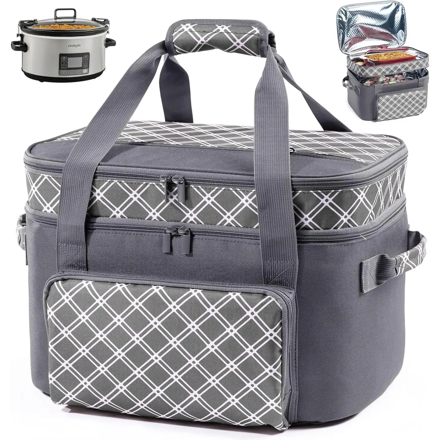 High-Capacity Polyester Thermal Insulated Slow Cooker Tote (16x12x11.5 in) - Heat Retention, Fits 6-8 Qt Oval Double-Layer Models, Compatible with Crock Pot & Hamilton Beach, Zipper Utensil Storage, Adjustable Straps, Ideal for Home Cooks, Meal Preppers
