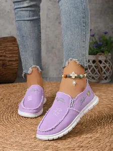 Daisy Embroidered Canvas Slip-On Shoes for Women - Fringe Trim Casual Loafers for All-Day Wear, Classic Casual Shoes