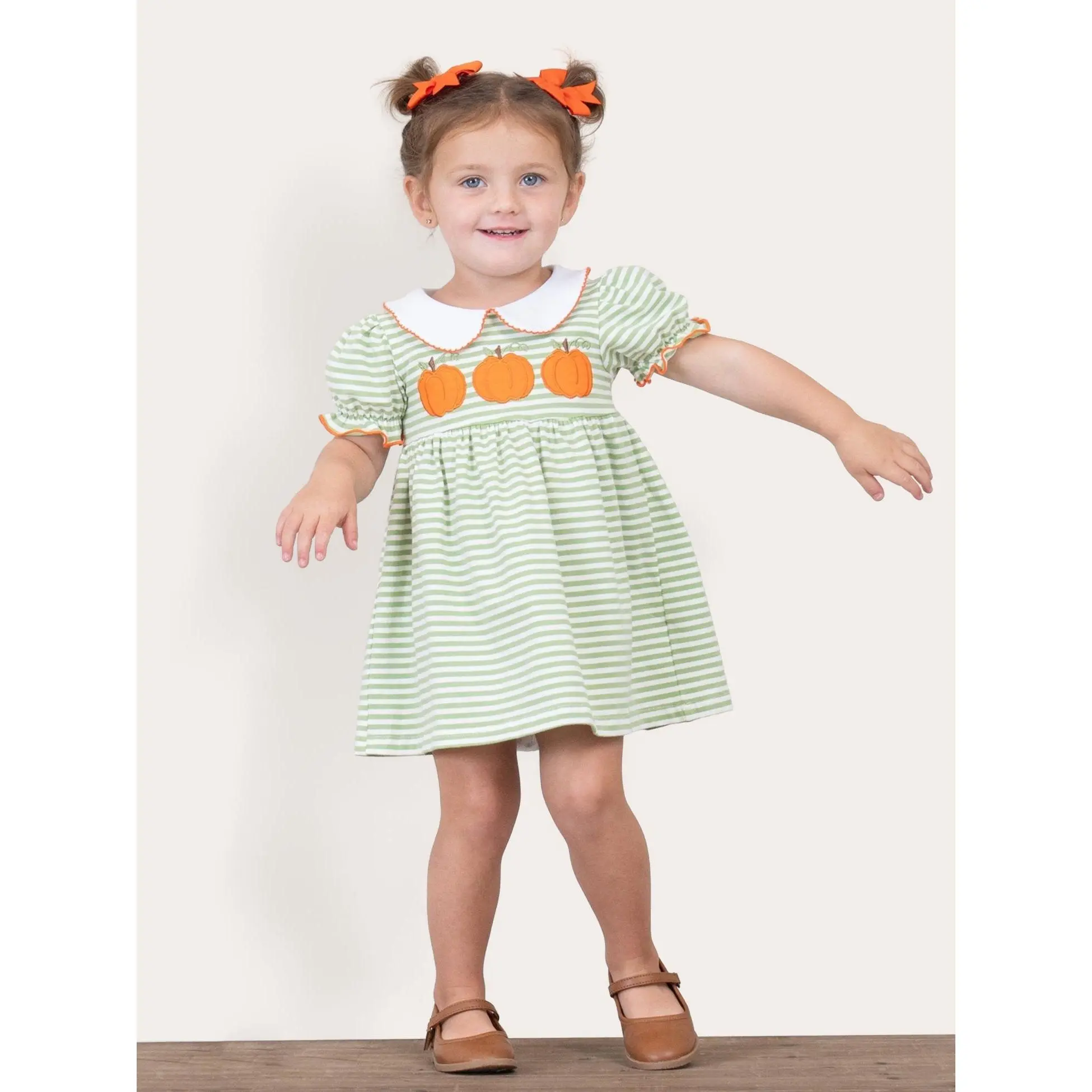 Green Stripe Embroidered Pumpkin Dress