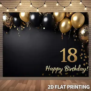 1pc MAGA 18th Birthday Party Backdrop Banner - Extra Large 70x70 Inches (179.83x229.87cm) Glittery Black & Golden Balloons with Happy Birthday Text - Durable Polyester, Easy Hang Photo Booth De