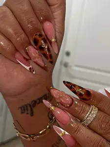 Tortoiseshell Press On Nails, Elegant Fall Nail Art, Nude Pink Long Stiletto Nails with Brown French Tips Nails, Autumn Nails, Brown Nails