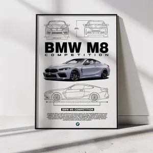 BMW M8 Competition Poster Print, Car Blueprint Wall Art, Automotive Decor, Sports Car Gift ( Unframed - Print Only )