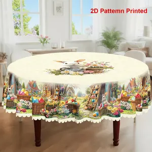 1pc, Easter Themed Party Tablecloth, Spring Summer Rabbit Basket Colored Eggs Floral Country Style Printed Design, Rectangular/Round/Oval Table Cloth, Embossed Edge, Kitchen Dining Outdoor Picnics Dinner Decor Ideal