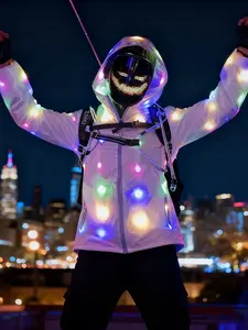 Men's LED Glow Hooded Sun Protection Jacket, Fashionable Reflective Design, Soft Comfort, All-Season Party Outerwear, Music Festival Style
