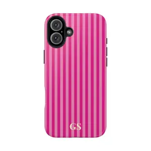 Personalized Pink Phone Case Custom Monogram iPhone Case Aesthetic Pink Striped Phone Case Summer Coastal Phone Case Preppy Phonecase Beachyiphone 17 16 15 14 13 12 11cases luminous technology Vintage Wireless Charging Festive Bow Anti-drop retro luxury