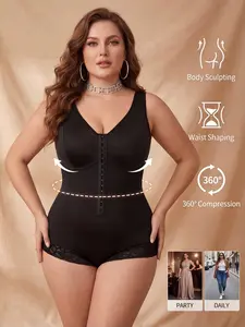 Plus Size V Neck Bodysuit Shapewear, Button Front Open Leg, Waist Cinching Hip Lifting Bust Support, Back Mesh Breathable Elastic Fabric Compression Fit