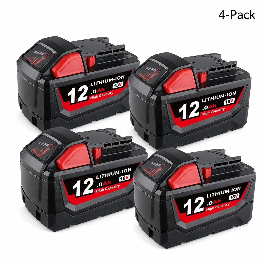 4-Pack 18V 12.0Ah Lithium-Ion Replacement Batteries - 12.0ah Capacity, M18 Compatible, Rechargeable Packs for Milwaukee Cordless Power Tools, Ideal for Longer Jobs