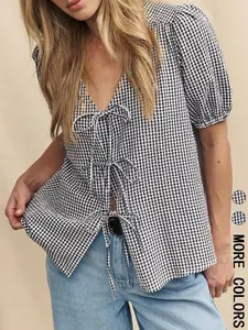 Women's Plaid Print Tie Front Blouse, Casual Short Sleeve Top for Beach Vacation, Ladies Clothes for Summer, Womenswear, Blouses Shirts Tops