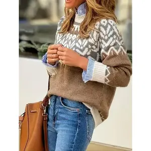 Women's Colorblock Geometric Print Raglan Sleeve Sweater, Casual Long Sleeve Round Neck Jumper for Fall & Winter, Fashion Ladies' Knitwear for Daily WearGift