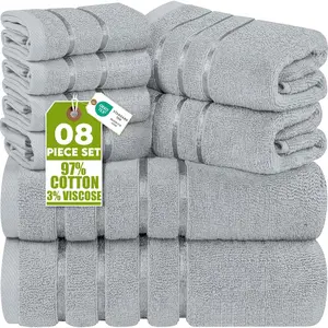 8 Piece Luxury Towel Set, 2 Bath, 2 Hand, and 4 Wash Cloths, 600 GSM Ring Spun Cotton, Highly Absorbent Viscose Stripe Towels, Ideal for Everyday use, Cool Grey