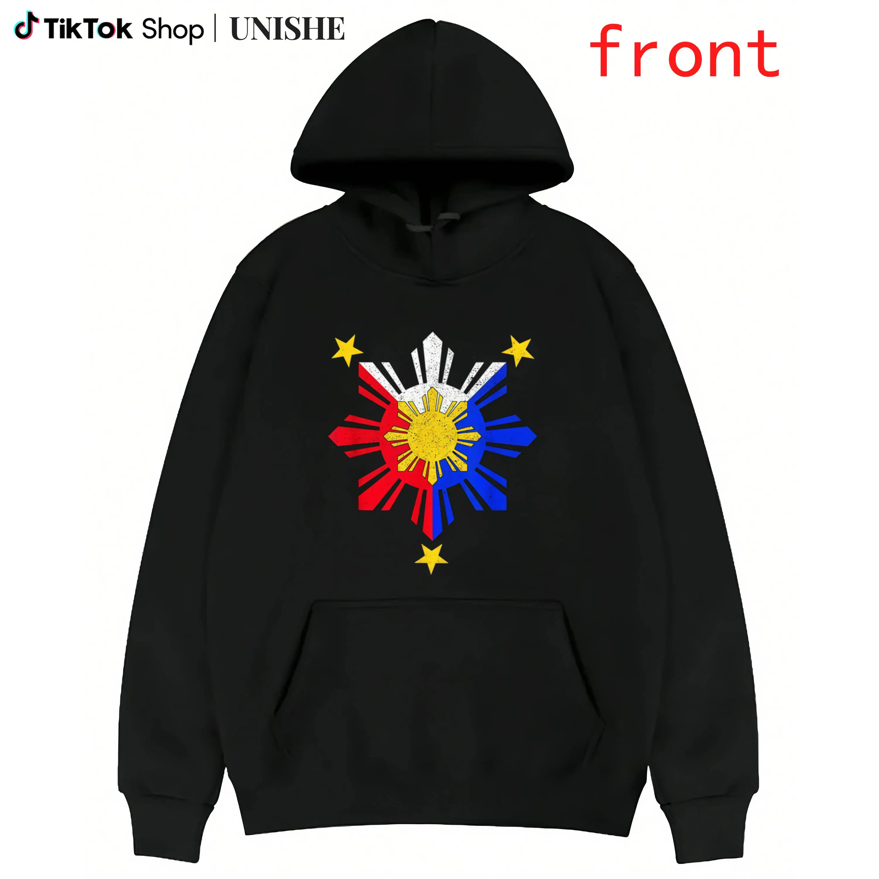 Pinoy Pride Pullover Hoodie with Philippine Flag Sun, Long Sleeve Style Prints Layer Fabric Classic