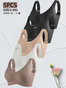 5pcs Women's Seamless Striped Wireless Bra Set -Soft,Breathable, High Support, No Underwire, Back ClosureforComfort & Support, Solid Color Design for EverydayUse,Comfortable Undergarment, Back Closure Bra, NoUnderwireBra