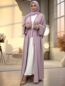 Fashion Nida Material Muslim Abaya, Islamic Abaya, Modesty Muslim Clothing, Long Fitted Robe with Belt and Pockets, Elegant Trimmed Design, All Seasons Wear