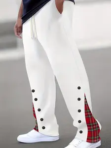 Men's Side Stripe Button-Front Casual Pants, Drawstring Waist, Patchwork Design, Perfect for Christmas & New Year