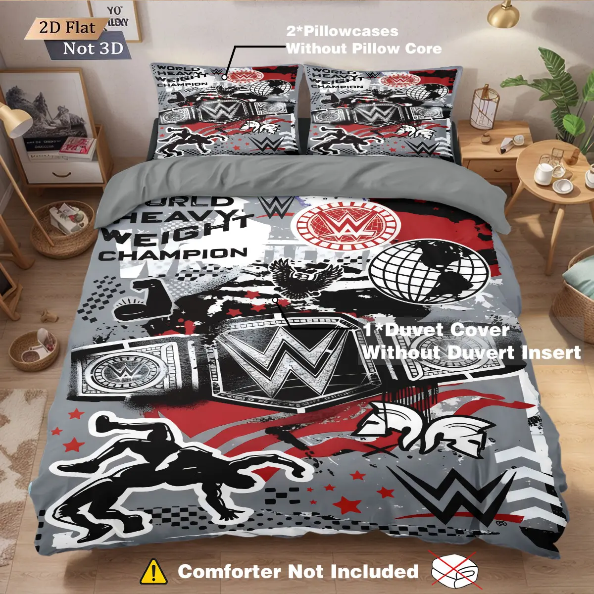 3-piece set (1 quilt cover + 2 pillowcases, no core), Modern bedding set, WWE Royal Rumble themed printed quilt cover bedding set, soft bedding set for home bedrooms, student dormitories, esports hotels, suitable for twin, single, queen beds