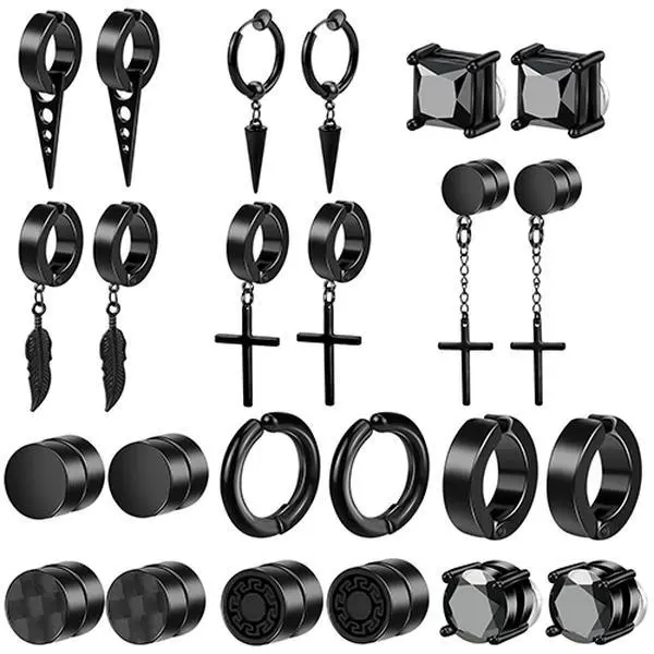 12 Pairs Stylish Black Magnetic Clip-On Earrings - Stainless Steel Hoop & Dangling Set for Men & Women, Hypoallergenic Fake Piercing Jewelry, Magnetic Earrings