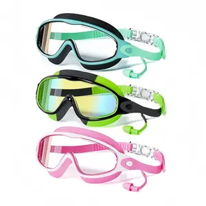 3 PCS swimming goggles set, children's goggles with earplugs and nose clip, large-frame anti-fog/UV-protection wide-view swimming goggles, suitable for boys and girls aged 4-12, Swim Glasses