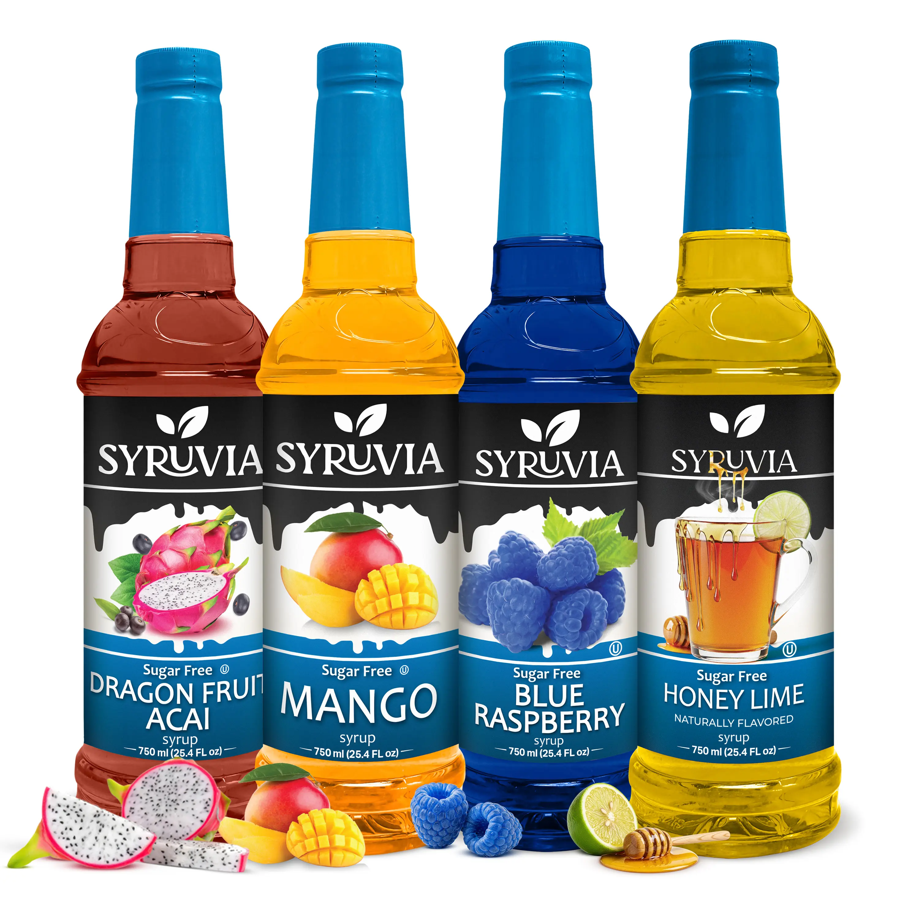 Syruvia Sugar Free Fruit Syrup Variety Pack - Dragon Fruit, Mango, Blue Raspberry & Honey Lime - Gluten-Free, Kosher, 25.4 fl oz Bottles - Perfect Flavor Set for Cocktails & Mocktails (4-Pack)