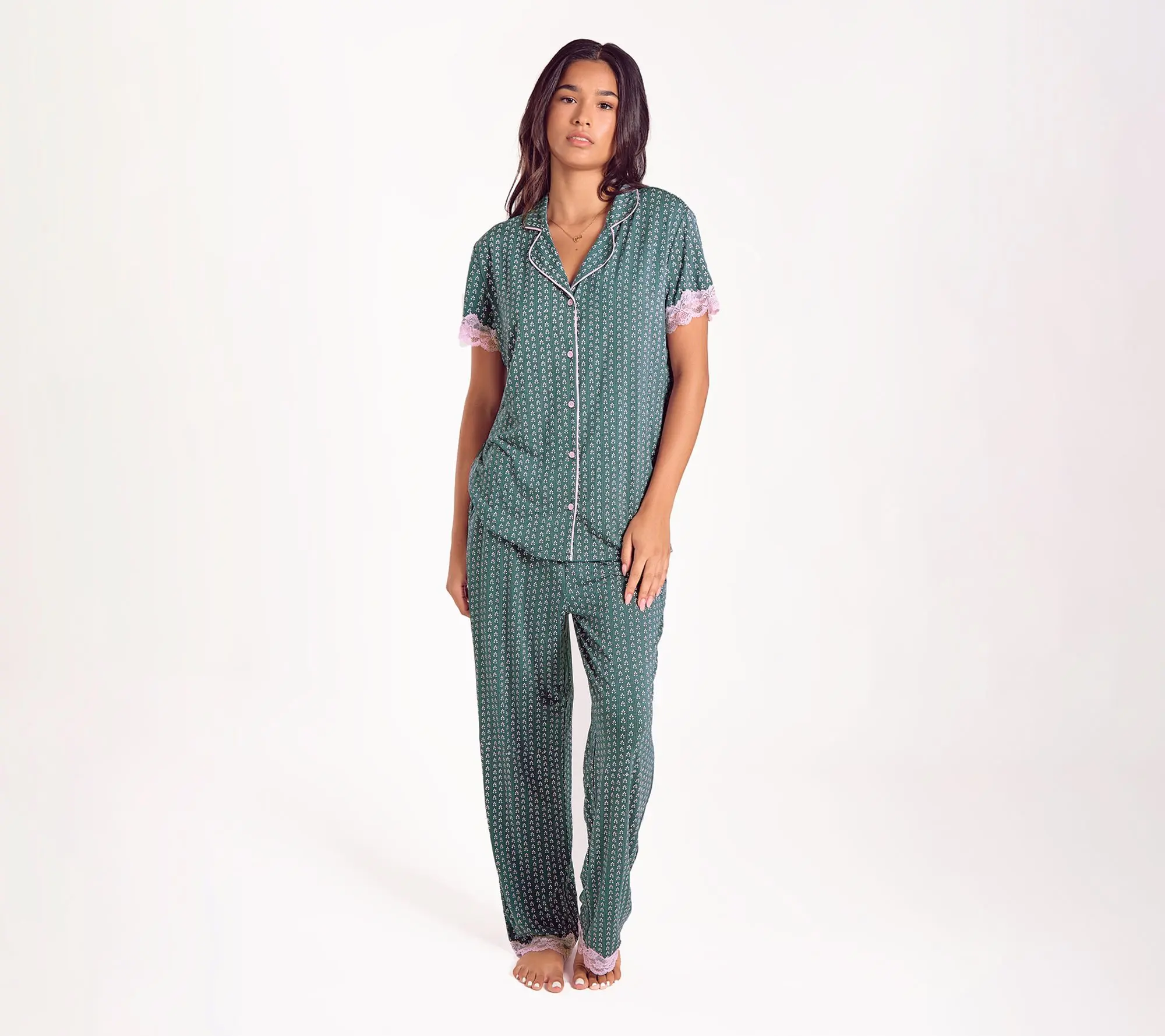 iCollection Bamboo Blend Knit PJ Set with Lace Trim Detail