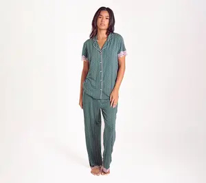 iCollection Bamboo Blend Knit PJ Set with Lace Trim Detail