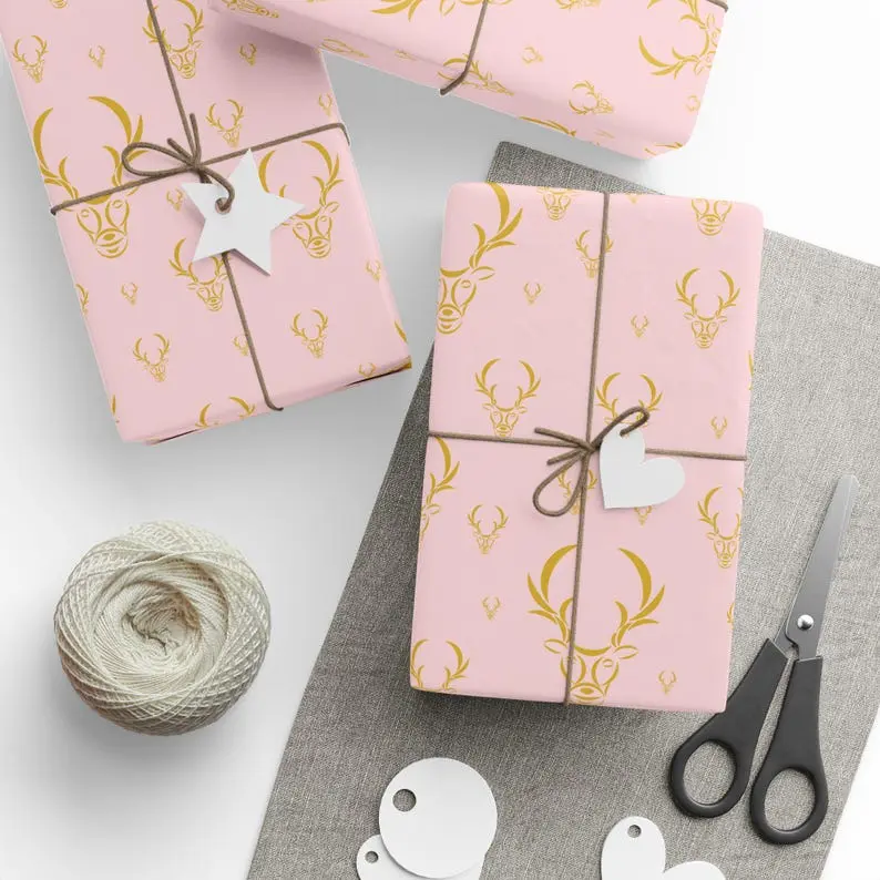 Gift Wrap Paper - Modern Reindeer l Gold and Blush Wrapping Paper for The Holidays - Free US Shipping