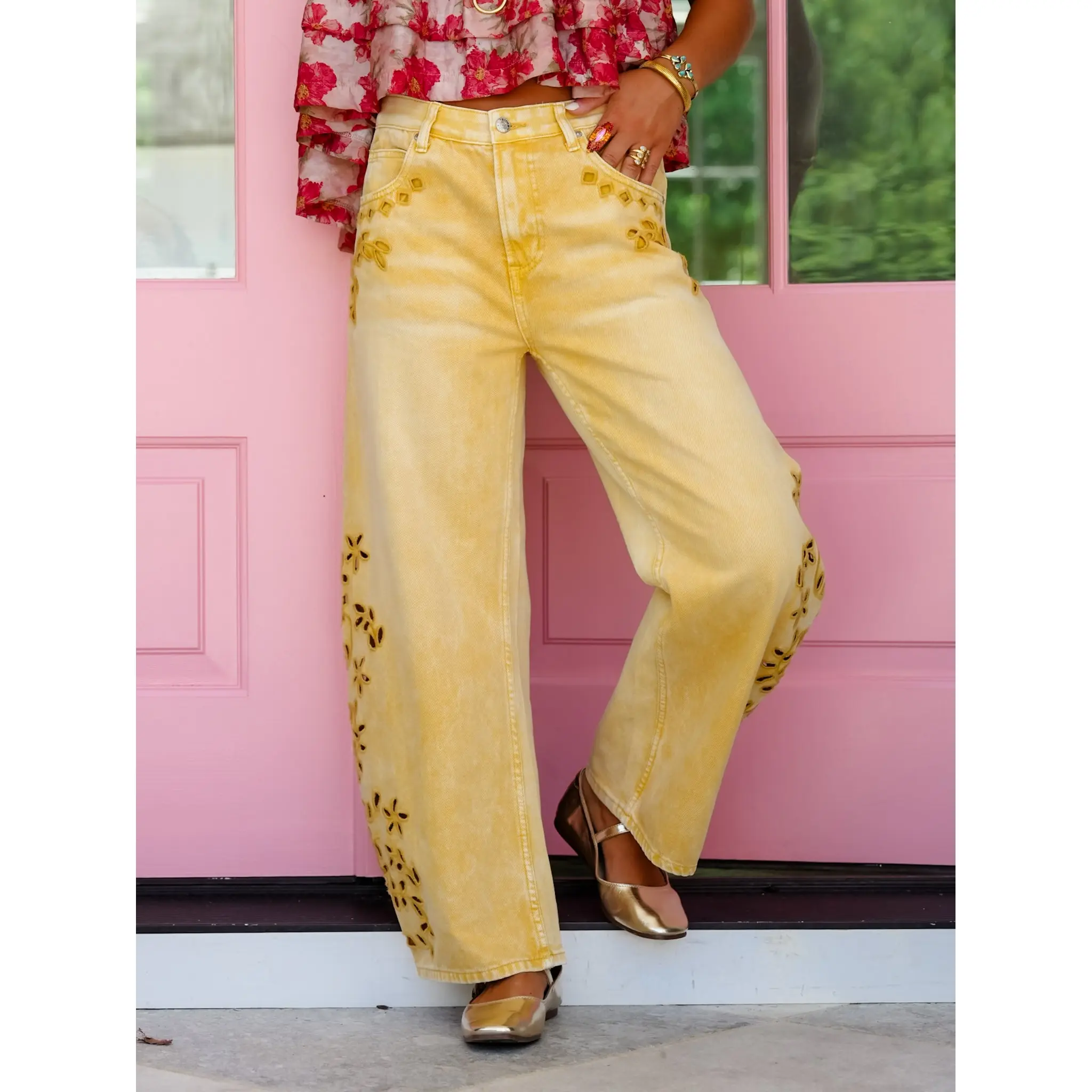 Saige High Rise Yellow Tummy Control Barrel Jeans with Eyelet Embroidery