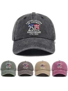 1-piece versatile vintage style baseball cap with American Independence 250th anniversary print, washed and distressed soft peak