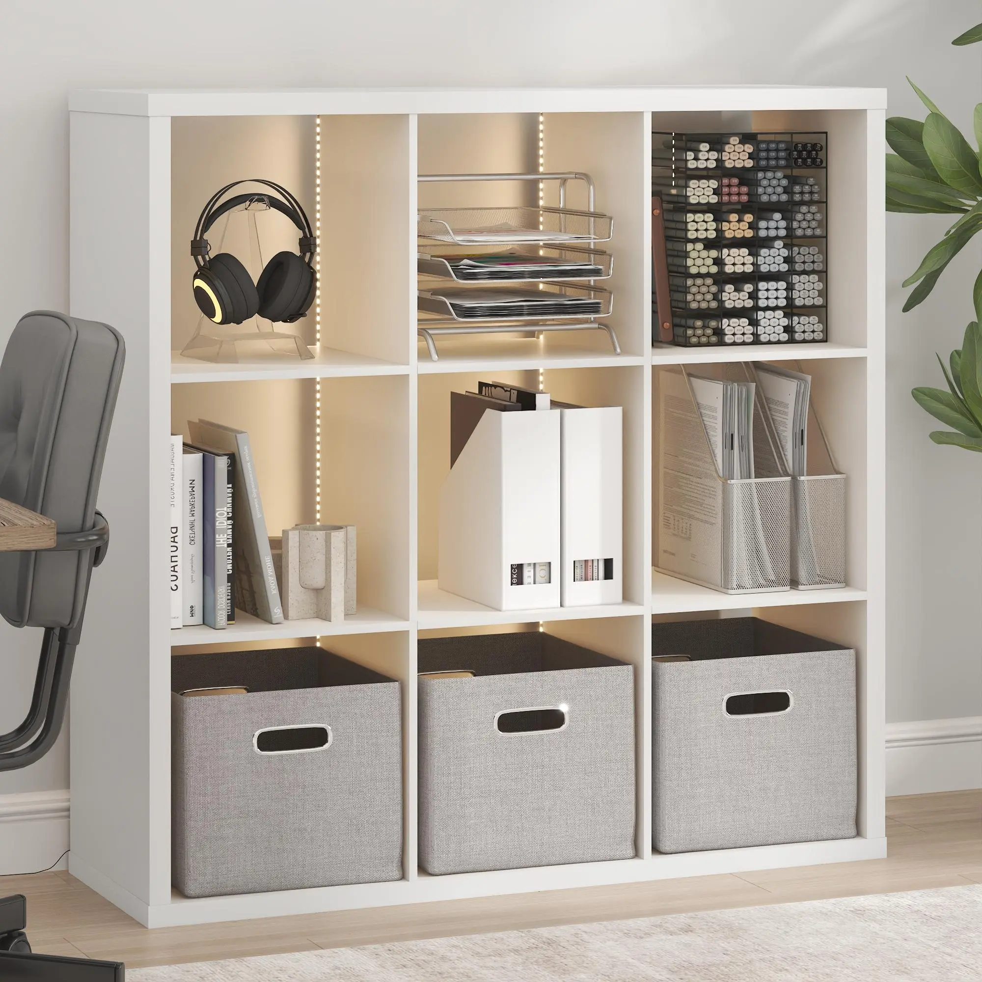 White 9-Cube LED Cubicle Bookshelf - Single Unit, Reversible Extra Thick Frame, Open Back Display Storage Shelves, Small Space Indoor Furniture for Living Room, Home Office Organization