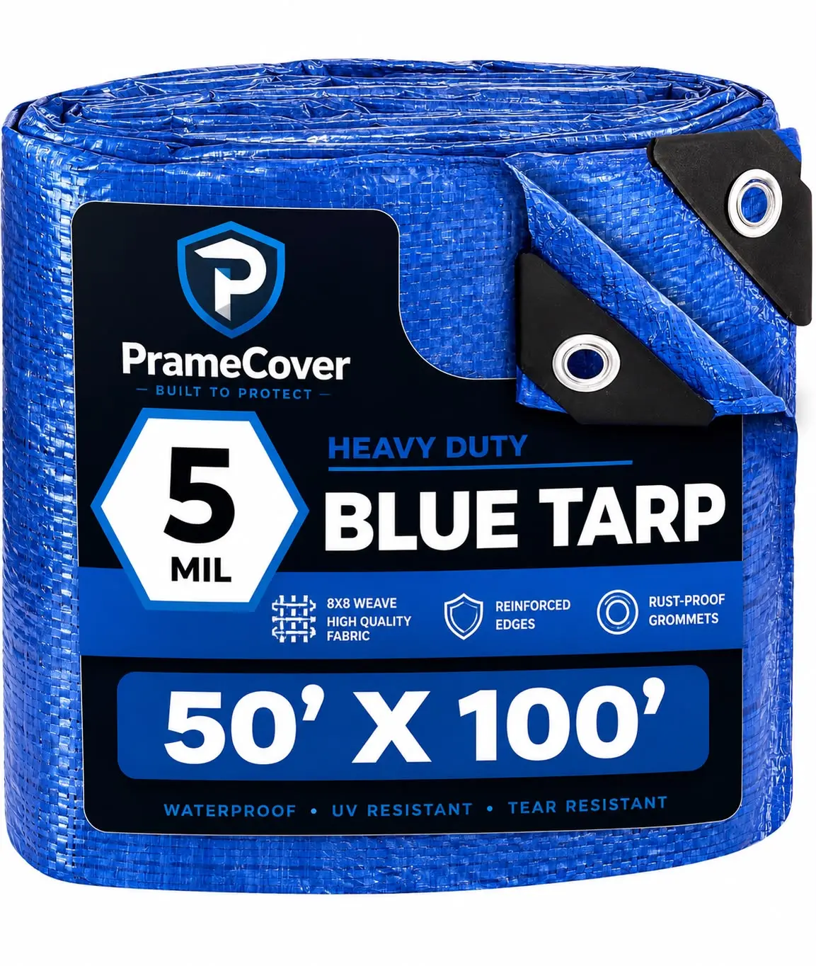 PrameCover 50’ x 100’ Blue Poly Tarp 5 Mil Heavy Duty Waterproof UV Resistant Reinforced Edges Rustproof Grommets Multi-Purpose Cover