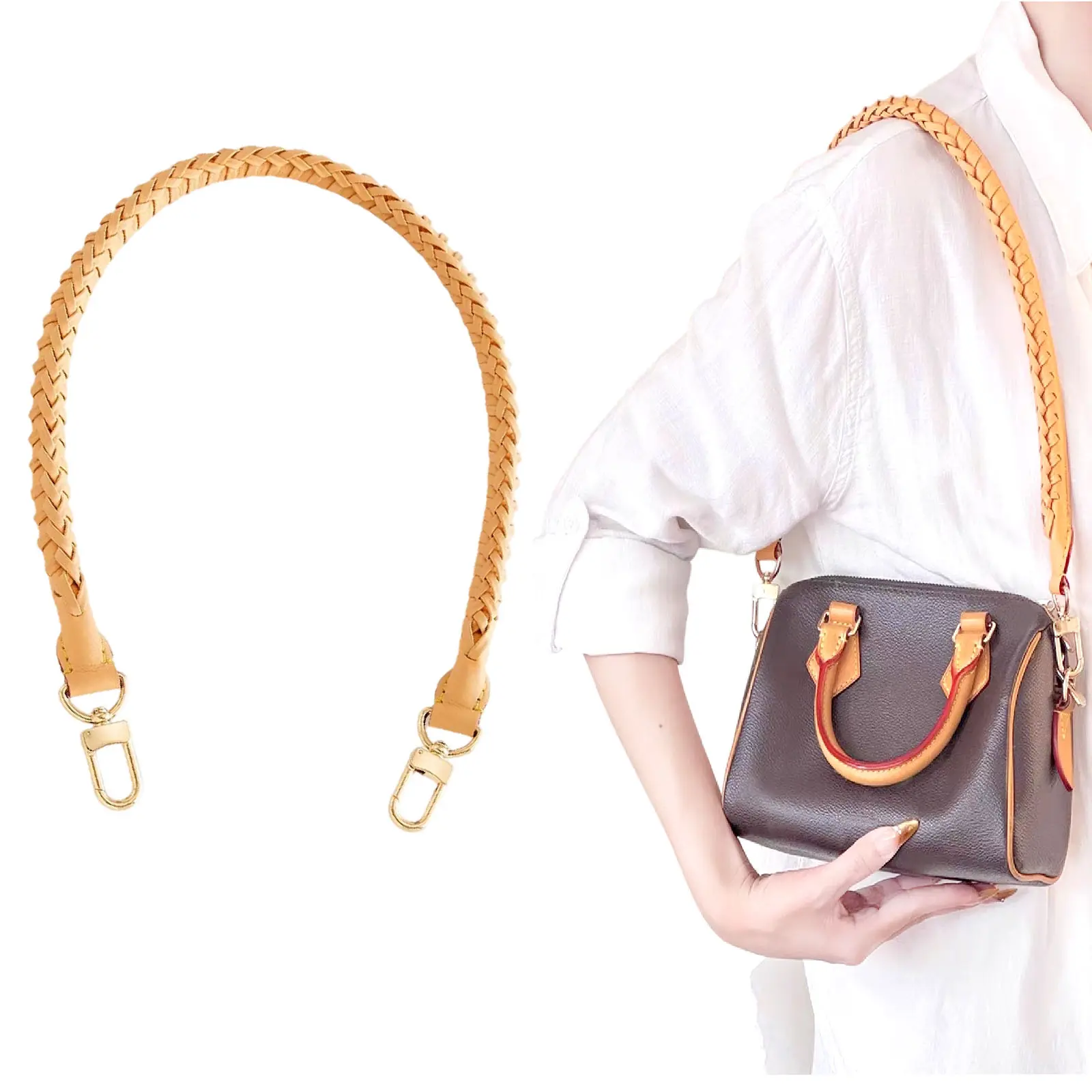 jiesinlov Braided Genuine Vachetta Leather Shoulder Strap Replacement, 27.5 Inch Accessory for Speedy 20 25 30 Handbags, Woven
