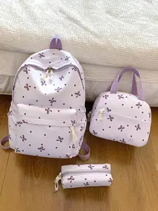 Cute and gentle style exquisite and fashionable retro backpack three piece set, large capacity simple and high-end atmosphere versatile backpack, with butterfly knot polka dot print design, suitable for commuting and school