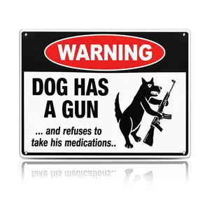 Funny Cat & Dog Warning Aluminum Sign | “Has a Gun & Won’t Take Meds” Humorous Metal Wall Decor | 8x12 Inch / 12x16 Inch Vintage Sign for Home, Yard, Fence or Garage | Pre-Drilled Holes, Indoor/Outdoor Use Gift