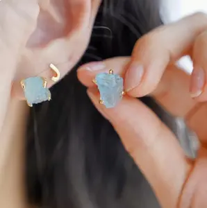 Natural Crystal Stud Earrings for Women, 14K Gold Plated 925 Sterling Silver Post Non Tarnish Earrings , Natural Amethyst Aquamarine Healing Gemstone Birthstone Earrings,Stackable Minimalist Studs Jewelry,gifts for women