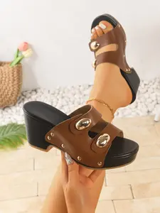 Women's Thick Sole Height-Boosting Casual Sandals, Fashionable Breathable Slippers, PU Upper, Rubber Sole, Less Than Ankle Height