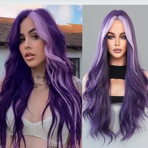 Dark Purple Wavy Long Wigs for Women Natural Curly Middle Part with Light Purple Highlight Hair Heat Resistant Synthetic Wig for Halloween Cosplay Use