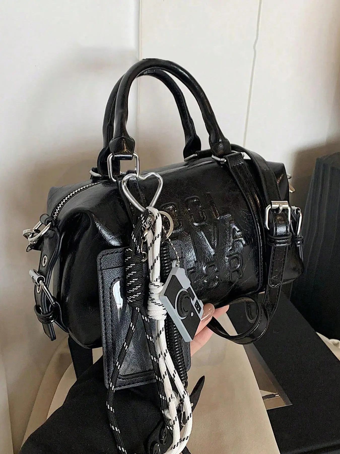 black letter embossed handbag, Casual messenger bags, camera pendant, trendy shoulder bag, Fashion crossbody bags, niche design, casual versatile with multiple colors, suitable for daily commuting, shopping, etc., Commuter Crossbody Bag