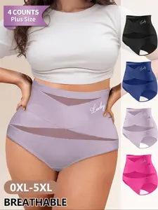 Women's Plus Size High Waist Underwear, Breathable Mesh Fabric, Comfortable Tummy Control Panties, Casual Fitted Design for All Seasons, High Waisted Panty